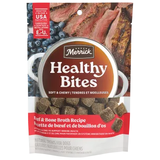 Healthy Bites Beef and Bone Broth dog treats front of packaging 