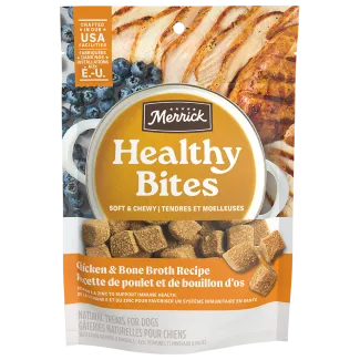 Healthy Bites Chicken and Bone Broth dog treats front of packaging 