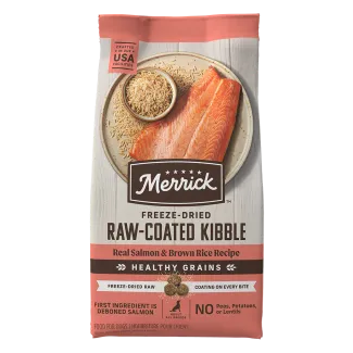 Healthy Grains Freeze-dried Raw-coated Kibble Real Salmon + Brown Rice Recipe - Front of bag