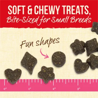 Lil’ Plates Beef dog treats of various shapes next to a ruler for size and text that says “fun shapes” and a red banner of text that reads “Soft &amp; Chewy Treats, bites-sized for small breeds.” 