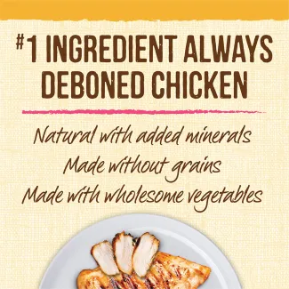 A plate of cooked chicken and a tan background that says “#1 ingredient is always deboned chicken. Natural with added minerals. Made without grains. Made with wholesome vegetables.” 