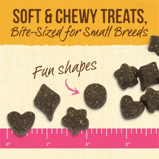 Lil’ Plates Chicken dog treats of various shapes next to a ruler for size and text that says “fun shapes” and a yellow banner of text that reads “Soft &amp; Chewy Treats, bites-sized for small breeds.” 