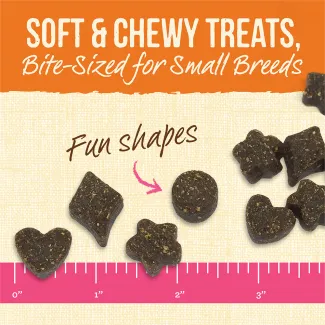 Lil’ Plates Turducken dog treats of various shapes next to a ruler for size and text that says “fun shapes” and an orange banner of text that reads “Soft &amp; Chewy Treats, bites-sized for small breeds.” 