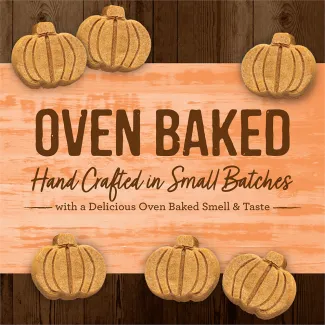 Oven Baked Pumpkin Patch pumpkin-shaped dog treats with an orange background that says “Oven baked hand crafted in small batches with a delicious oven baked smell &amp; taste.” 