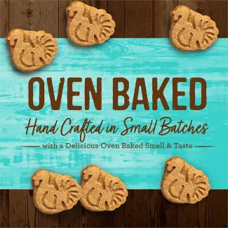 Oven Baked Turducken turkey-shaped dog treats with a blue background that says “Oven baked hand crafted in small batches with a delicious oven baked smell &amp; taste.” 