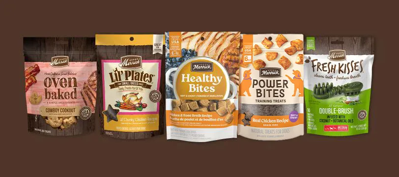 Merrick product lineup featuring Oven Baked, Lil' Plates, Healthy Bites, Power Bites, and Fresh Kisses treats